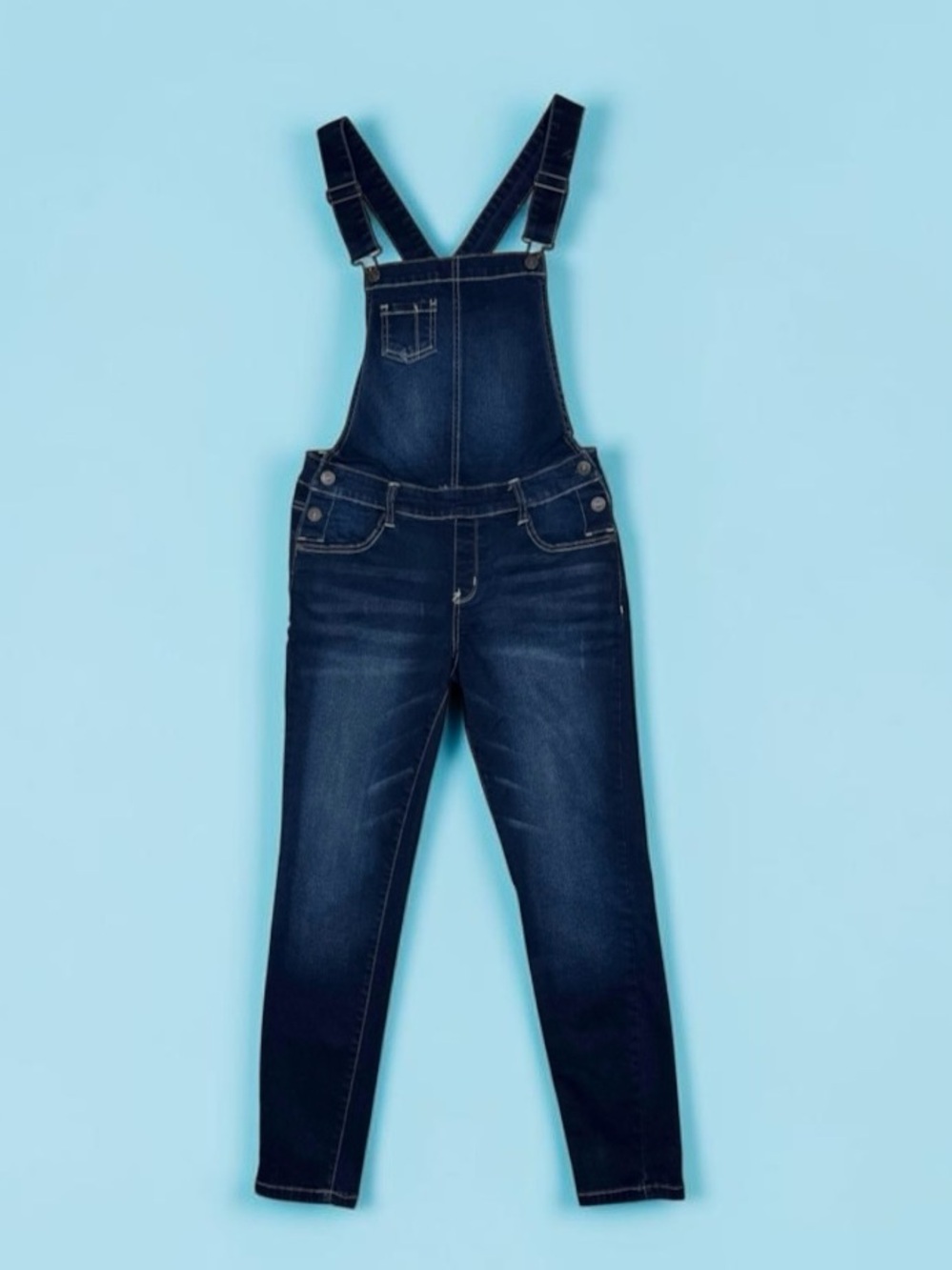 Wallflower Women's Skinny Denim Overalls - Dark Wash Indigo Criss-Cross Back